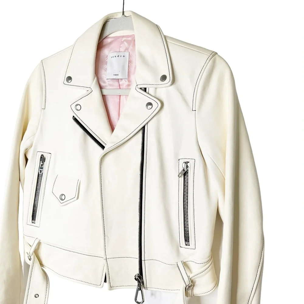 Sandro Edwin White Sheep Leather Cropped Motorcycle Jacket A1A Moto Size Small/6 - Picture 5 of 15